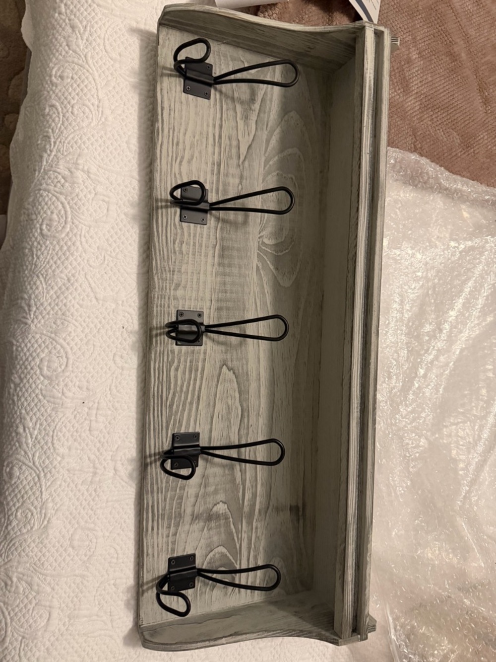Rustic Gray Wood Wall Key Rack with Black Hooks